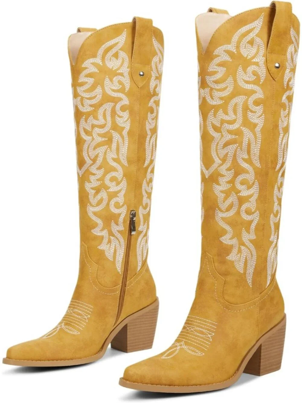 Women's Banana Knee High Cowboy Boots Chunky Heel Leather Chunky Heel Pull